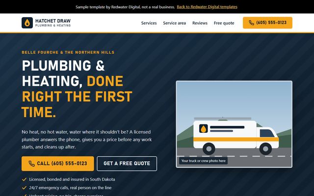 Trades template home page: a plumbing and heating company with a call button and a quote form.